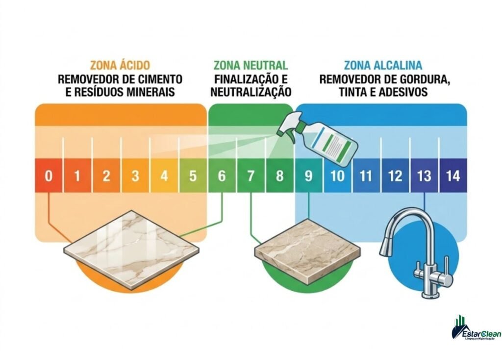 Infográfico ilustrando o uso da escala de pH na limpeza pós-obra. Dividido em três zonas: a Zona Ácida (laranja, pH 0 a 5), indicada para remoção de cimento e resíduos minerais em superfícies como porcelanatos; a Zona Neutra (verde, pH 6 a 8), para finalização e neutralização de pedras naturais; e a Zona Alcalina (azul, pH 9 a 14), voltada para remover gordura, tinta e adesivos de acabamentos metálicos, como torneiras. Uma ilustração de borrifador de limpeza é mostrada aplicando o produto."