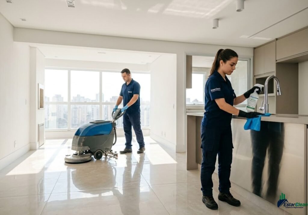 Equipe profissional da Estarclean realizando limpeza pós-obra em apartamento com piso de porcelanato brilhante. Ao fundo, técnico utiliza máquina lavadora industrial. Em primeiro plano, técnica com luvas de proteção e uniforme azul aplica produto profissional em torneira cromada utilizando pano de microfibra. Ambiente moderno e muito iluminado.