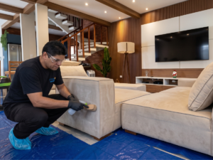 Técnico do Sr. Esponja com EPIs e propés azuis realizando a escovação manual delicada na lateral de um sofá claro. O chão da sala de estar luxuosa no Distrito Federal está totalmente protegido por uma grande lona azul.