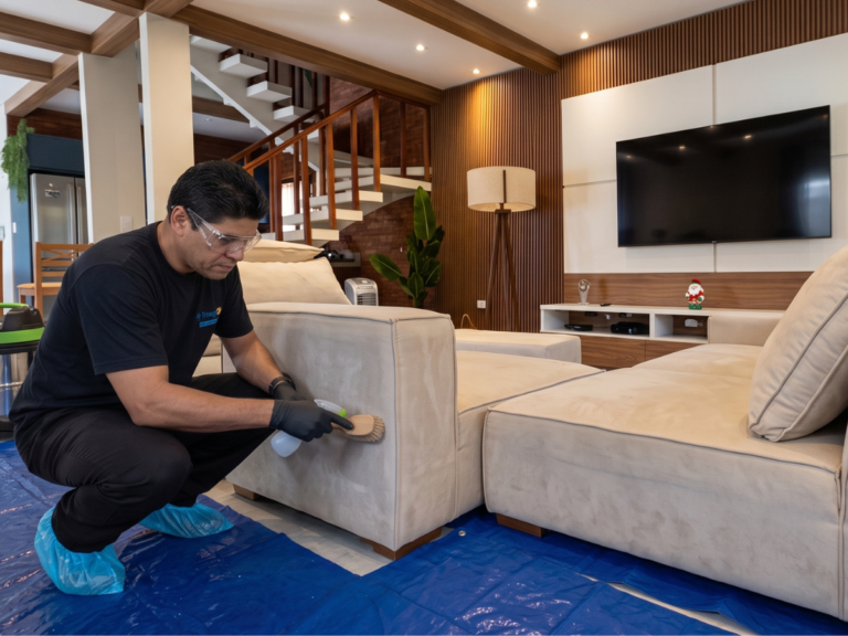 Inicio 57 Técnico do Sr. Esponja com EPIs e propés azuis realizando a escovação manual delicada na lateral de um sofá claro. O chão da sala de estar luxuosa no Distrito Federal está totalmente protegido por uma grande lona azul.